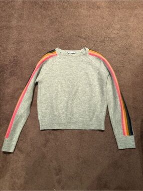 THML Light Gray Crewneck Sweater with Pink, Orange & Navy Sleeve Stripes